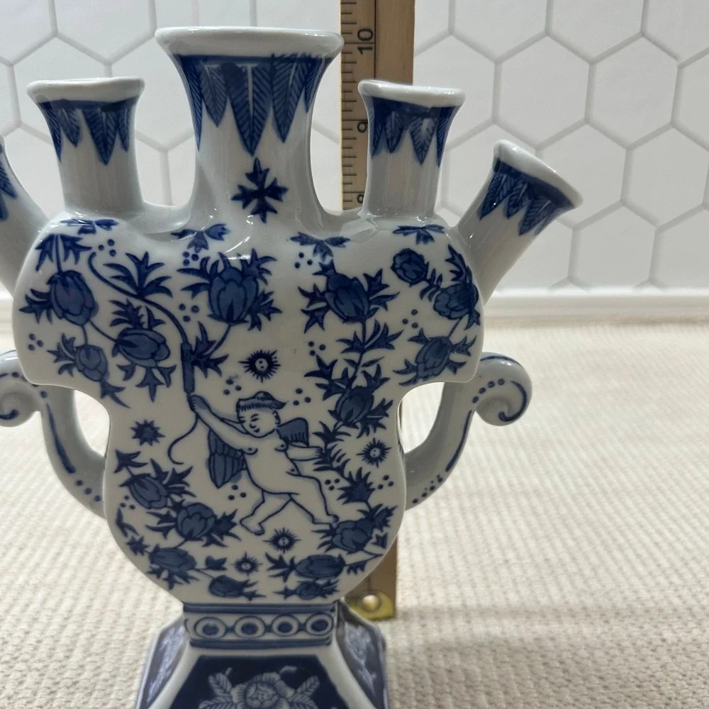 Blue White Ceramic Tulipiere Vase Cherub Floral 5 Spout Chinoiserie 9.5in